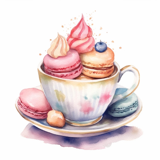 Auf der generativen Untertasse stehen eine Tasse Macarons und eine Blaubeere