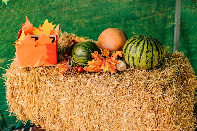 Auf der Herbstmesse wird Gemüse auf Heuhaufen ausgebreitet