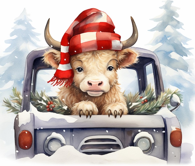 Auf der Ladefläche eines Lastwagens mit generativer KI befindet sich eine Kuh mit Mütze und Schal