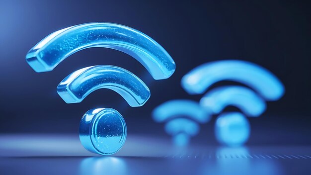 Auf der linken Seite des Bildes befindet sich ein leuchtendes WiFi-Symbol in leuchtend blauem Close-up-Details