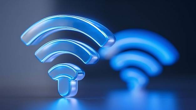 Auf der linken Seite des Bildes befindet sich ein leuchtendes WiFi-Symbol in leuchtend blauem Close-up-Details