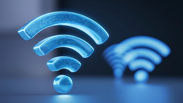 Auf der linken Seite des Bildes befindet sich ein leuchtendes WiFi-Symbol in leuchtend blauem Close-up-Details