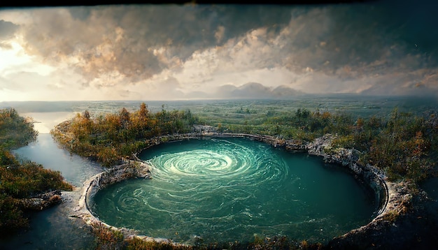 Auf der Oberfläche des grünen Wassers des Flusses bildet sich ein mächtiger Whirlpool 3D-Render-Raster-Darstellung