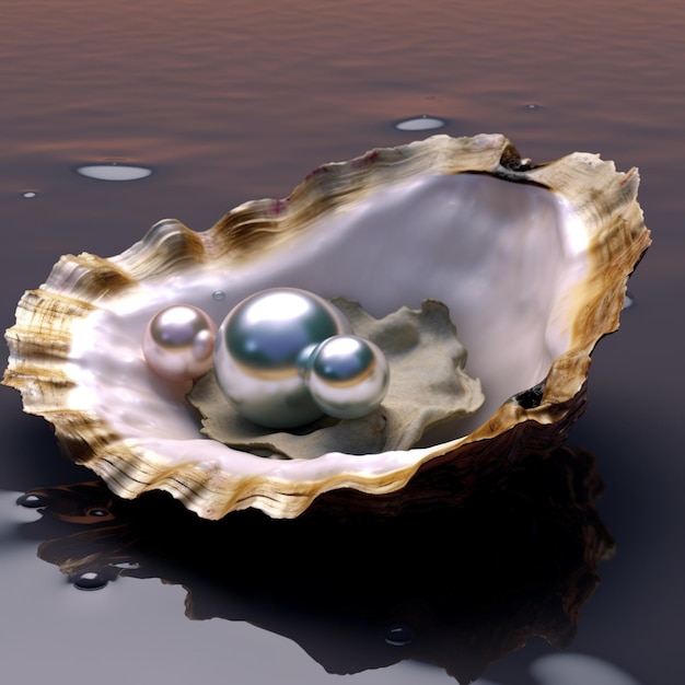 Auf der wassergenerierenden KI befinden sich drei Perlen in einer Muschel