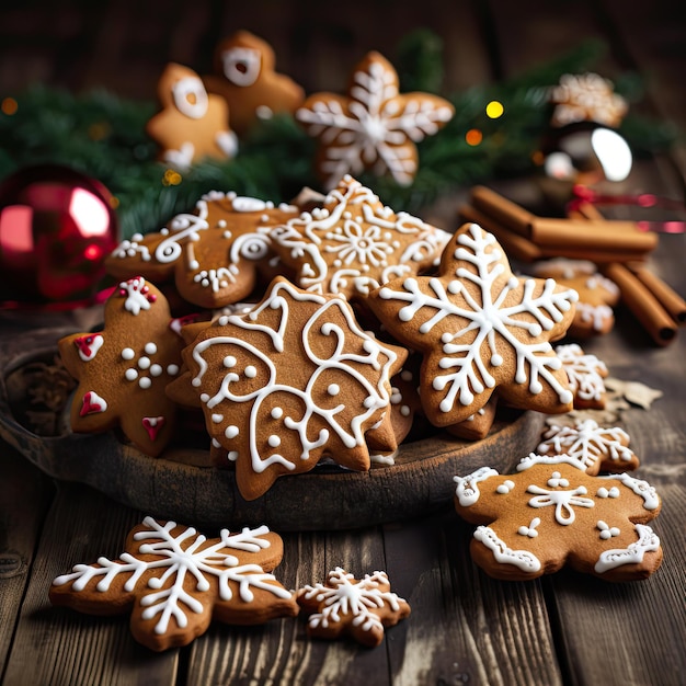 Foto auf der weihnachtstafel liegen köstliche lebkuchenplätzchen in verschiedenen formen, verziert mit weißem zuckerguss