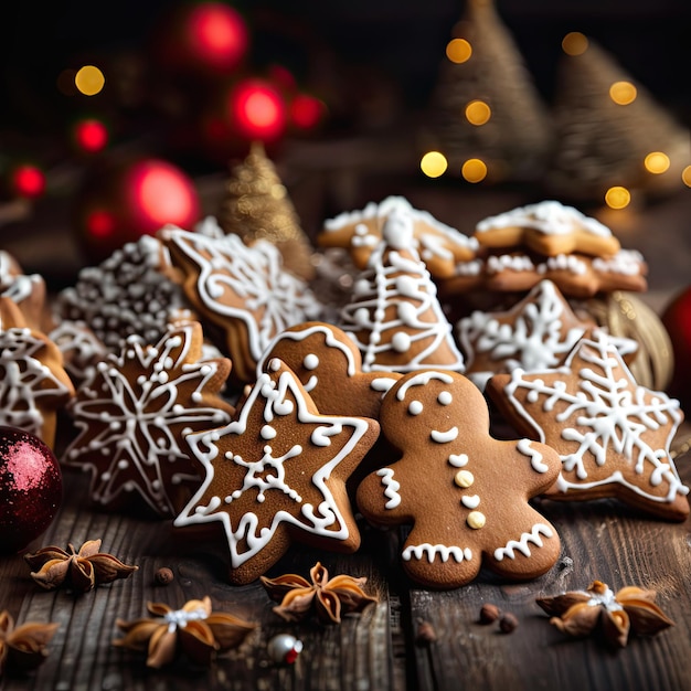 Auf der Weihnachtstafel liegen köstliche Lebkuchenplätzchen in verschiedenen Formen, verziert mit weißem Zuckerguss