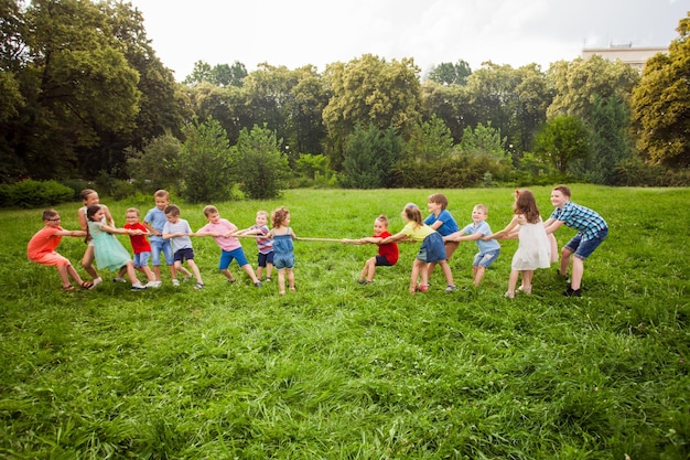 Foto auf der wiese spielen die vielen kleinen kinder gemeinsam tauziehen