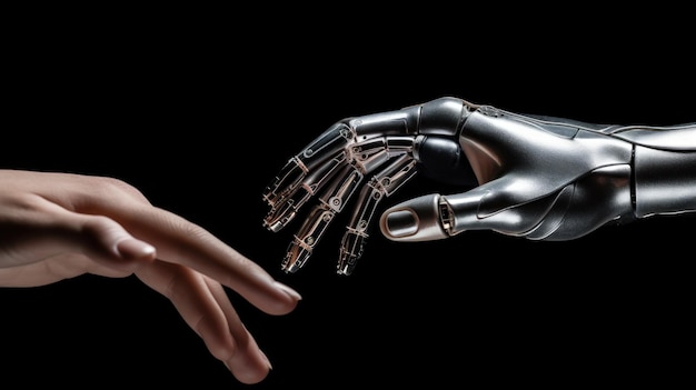 Auf diesem Bild berühren eine menschliche Hand und eine Roboterhand ihre Fingerspitzen