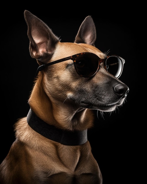 Auf diesem Foto ist ein Hund mit Sonnenbrille und Halsband zu sehen.