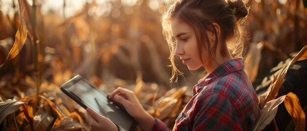 Auf diesem Foto ist ein wunderschöner junger Bauer zu sehen, der auf einem Traktor mit einem Tablet und einem Hemd auf dem Feld mit einem Maisfeld arbeitet.