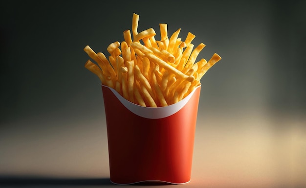 Auf dunklem Hintergrund ist eine Schachtel Pommes Frites zu sehen.