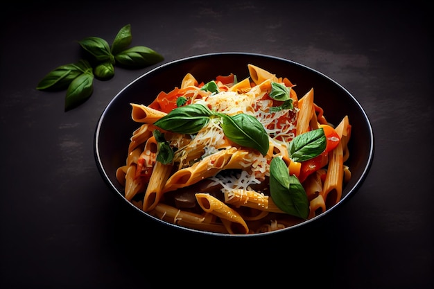 Auf dunklem Hintergrund Penne-Nudeln mit Tomatensoße, Parmesan-Käse und Basilikum