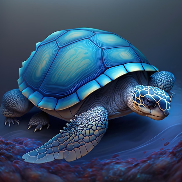 Auf dunklem Hintergrund steht eine blaue Schildkröte mit blauem Kopf und einem weißen Streifen auf der Brust.