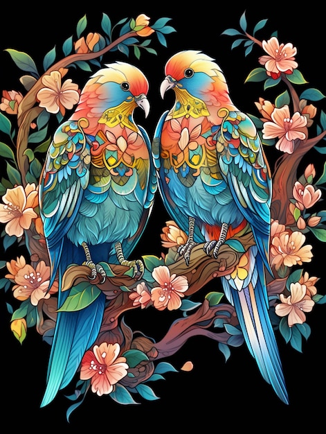 Auf einem Ast eines Baumes sitzen zwei bunte Vögel