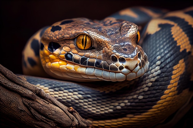 Auf einem Ast liegt eine Schlange mit blauem Gesicht und gelben Augen