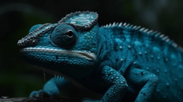 Auf einem Ast sitzt ein blaues Chamäleon mit grünem Kopf und schwarzem Schwanz.