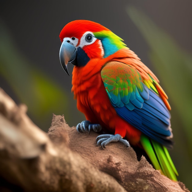 Auf einem Ast sitzt ein bunter Vogel mit blau-gelbem Kopf