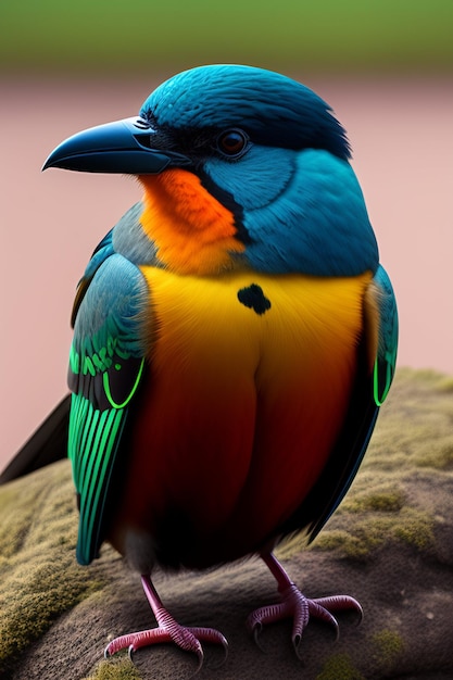 Foto auf einem ast sitzt ein bunter vogel mit einem schwarzen fleck auf dem bauch.