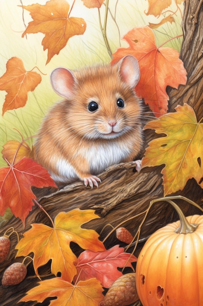 Auf einem Ast sitzt ein Hamster mit generativen Herbstblättern