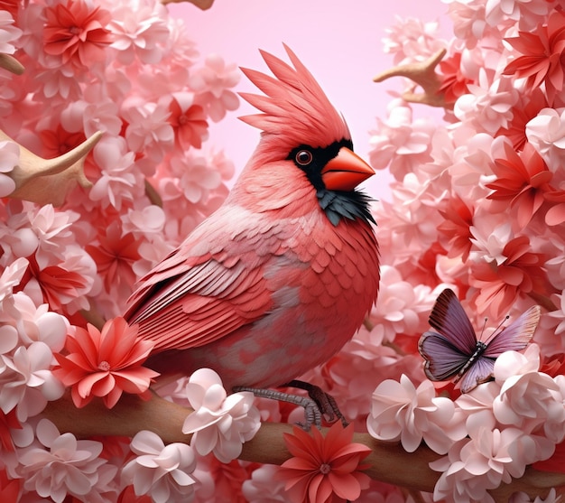 Auf einem Ast sitzt ein roter Vogel mit generativen Blumen