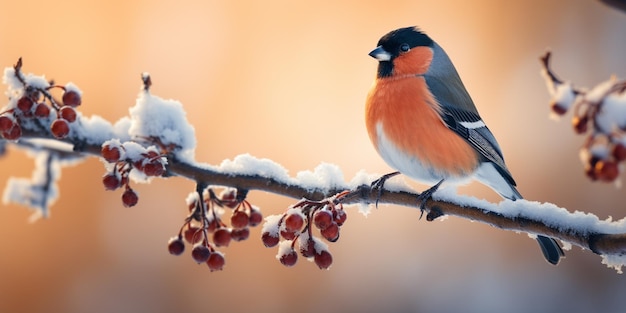 Auf einem Ast sitzt ein Vogel mit Beeren darauf, generative KI