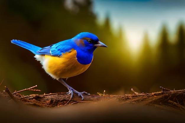 Auf einem Ast steht ein blauer Vogel mit gelben und roten Federn.