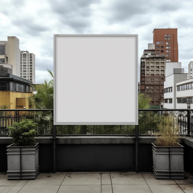 Auf einem Balkon befindet sich eine leere Werbetafel mit einer Stadt im Hintergrund, generative KI