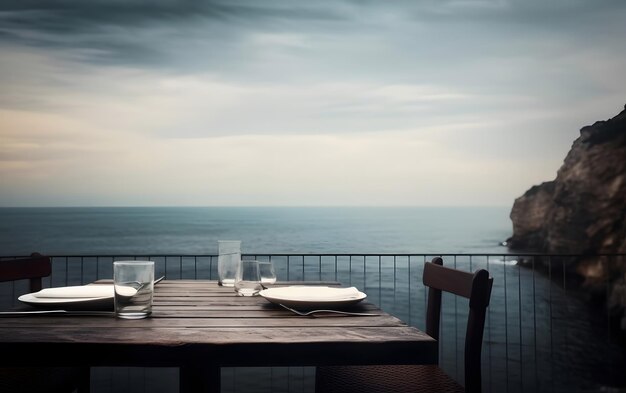 Auf einem Balkon mit Blick auf das Meer stehen ein Tisch und Stühle.