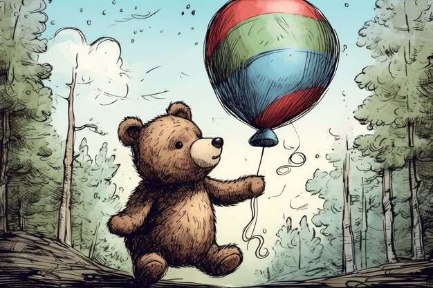 Auf einem Ballon schwebt ein süßer Teddybär in der Luft, Illustration eines Cartoons