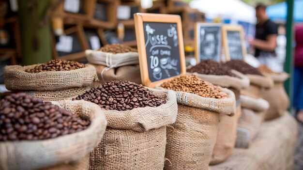 Auf einem Bauernmarkt werden geröstete Kaffeebohnen in Schleifensäcken gelegt. Die Säcke sind mit der Art der Bohne und der Röststufe gekennzeichnet.