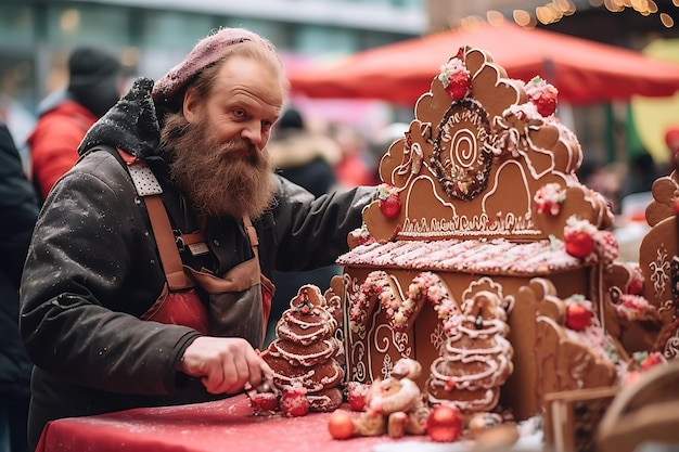 Auf einem belebten Marktplatz verblüffte ein Straßenkünstler die Menge, indem er Gingerbread-Skulpturen herstellte