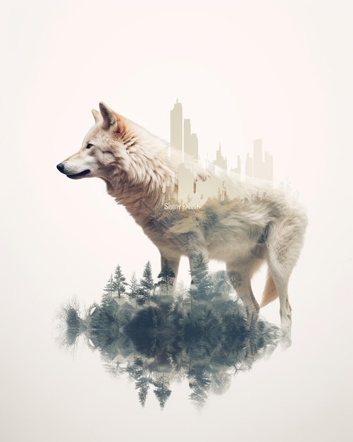 Auf einem Berg steht ein Wolf mit einer Stadt im Hintergrund, generative KI