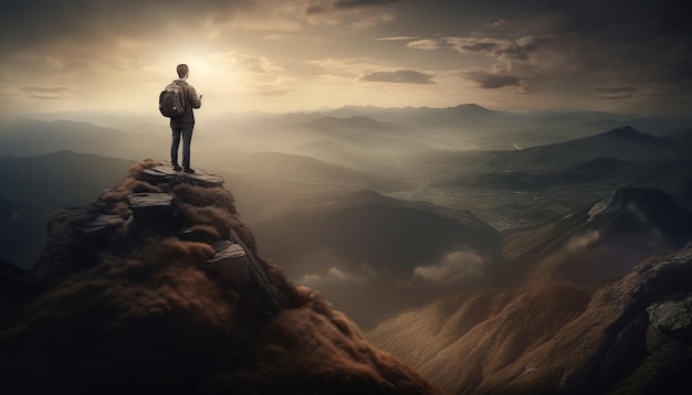 Auf einem Berggipfel stehen und von KI generierte Widrigkeiten erobern