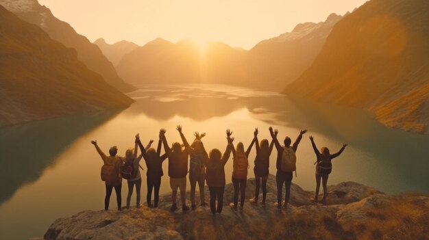 Auf einem Berggipfel vor der untergehenden Sonne amüsiert sich eine große Gruppe von Menschen, während sie mit erhobenen Armen eine Siegposition einnehmen. Abenteuerausflug oder reisebezogene Idee. KI GENERIEREN