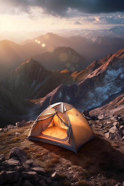 Auf einem Berggipfel wird ein Zelt aufgebaut.