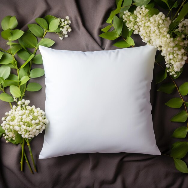 Auf einem Bett liegen ein weißes Kissen und einige Blumen