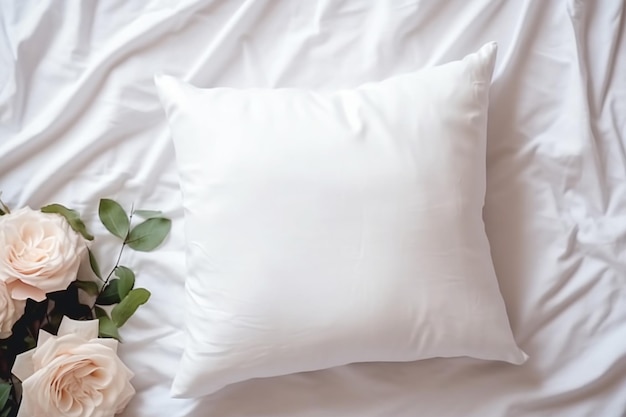 Auf einem Bett liegen ein weißes Kissen und einige rosa Rosen