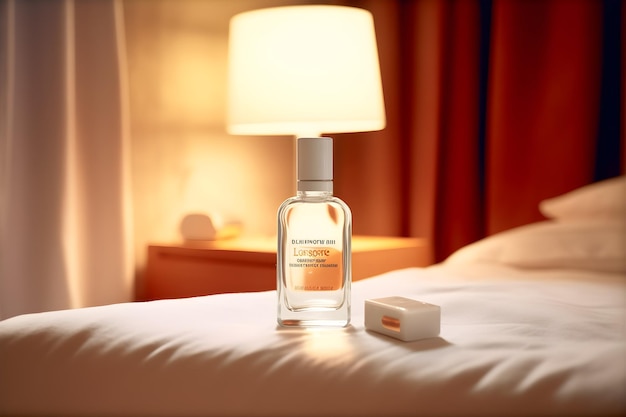 Auf einem Bett neben einer Lampe steht eine Flasche Likör.