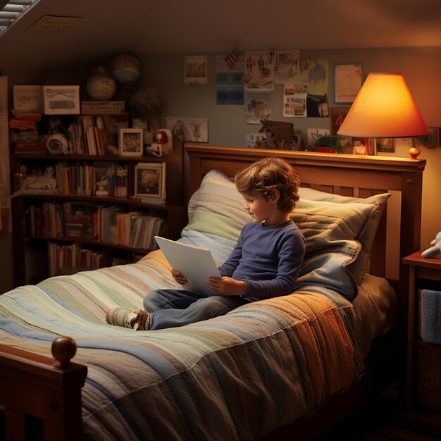 Auf einem Bett sitzt ein kleiner Junge mit einem Laptop mit generativer KI