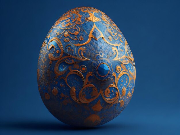 Auf einem blauen Hintergrund befindet sich ein Ei mit Blumenmuster.