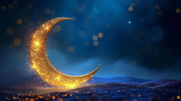 Auf einem blauen Hintergrund eine goldene glänzende Metall Halbmond Mond Kopie Raum Eid Mubarak Generative AI