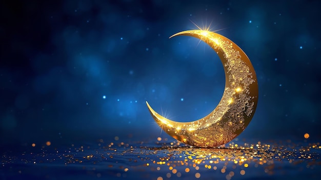 Auf einem blauen Hintergrund eine goldene glänzende Metall Halbmond Mond Kopie Raum Eid Mubarak Generative AI