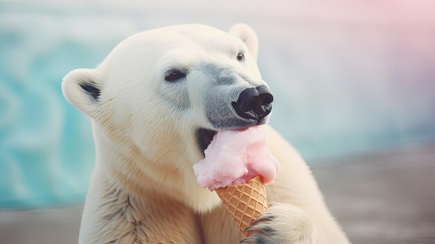 Foto auf einem blauen hintergrund hält ein großer eisbär ein cremiges eis in einer waffeltasse in seinen pfoten