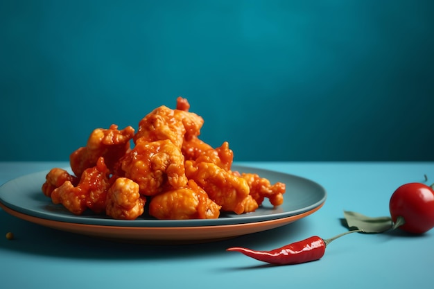 Auf einem blauen Tisch steht ein Teller mit Buffalo Chicken Wings.