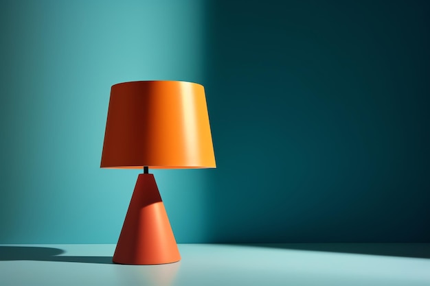 Auf einem blauen Tisch steht eine Lampe mit leuchtend orangefarbenem Schirm.