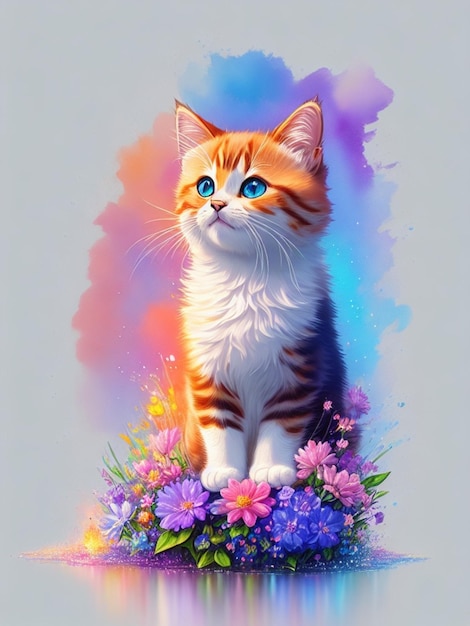 Auf einem blumigen Hintergrund steht ein Gemälde einer Katze mit blauen Augen.