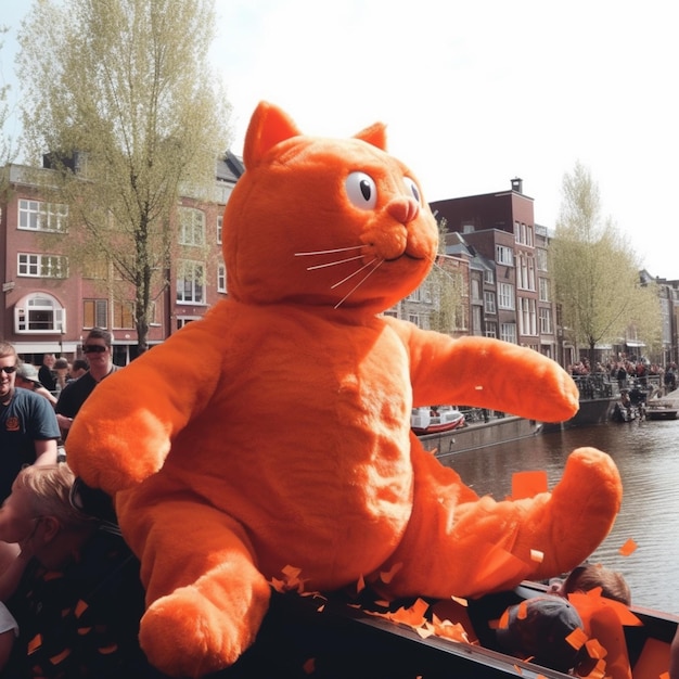 Auf einem Boot im Wasser sitzt eine große orangefarbene Katze