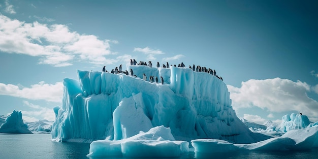 Auf einem Eisberg zusammengedrängte Pinguinkolonie mit blauem Himmel und schwimmenden Eisbergen im Hintergrund. Generative KI