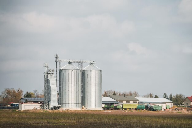 Auf einem Feld steht ein großer Getreidespeicher mit grünem Dach