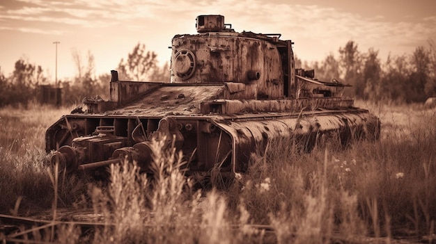 Auf einem Feld steht ein verrosteter Panzer mit der Aufschrift „Tank“.